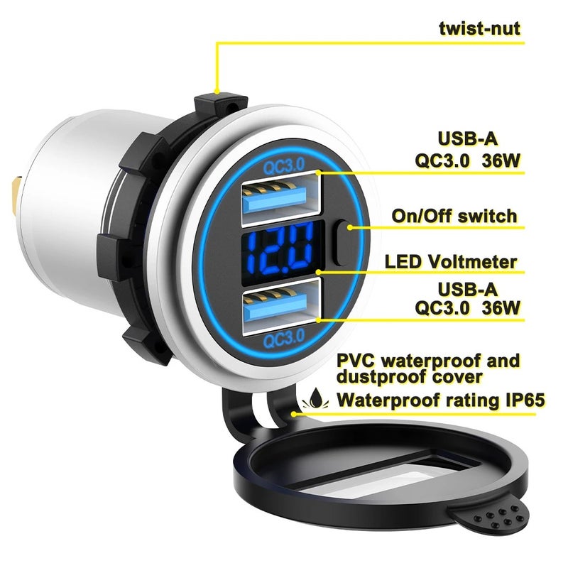 Bluejw 36W QC3.0 Dual USB Car Charger, 12V/24V Motorcycle Touch Switch Fast Charger Socket, Automobile Chargers - Image 4